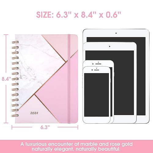 2024 Planner - January 2024 - December 2024, Planner 2024, 6.3" x 8.4", 2024 Weekly and Monthly Planner with Marked Tabs, Hardcover with Thick Paper + Contacts + Calendar + Holidays, Twin-Wire Binding - Pink Marble