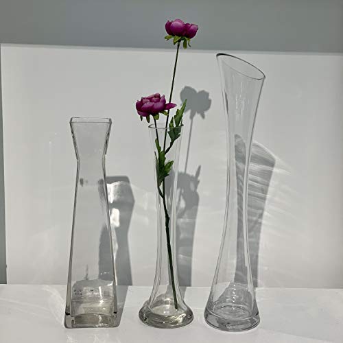 WGV Maria Bud Vase, Width 3", Height 15.75", Clear Tall Slant Cut Opening Gathering Concaved Glass Floral Container Centerpiece for Wedding Party Event Home Office Decor, 1 Piece
