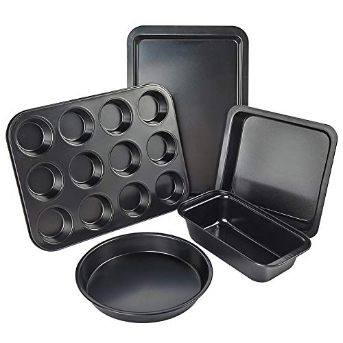 Nonstick Bakeware Set, 5 Pcs Bakeware Include Cookie Sheet, Loaf Pan, Square Pan, Round Cake Pan, 12 Cups Muffin Pan