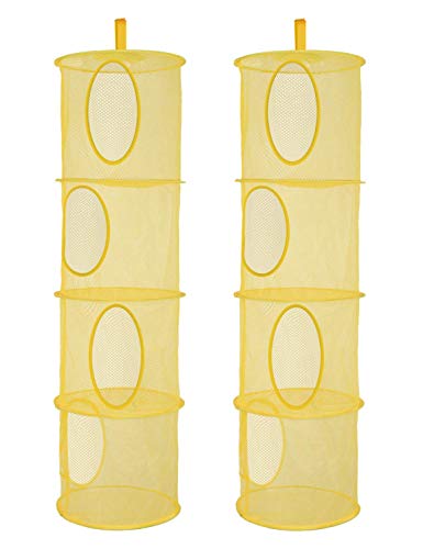 Libeder Stuffed Animal Storage Mesh Hanging Storage Space Saver Bags Organizer,Foldable Storage Organizer 4 Compartments Toy Storage Basket for Kids Room Bathroom 2 Sets Yellow