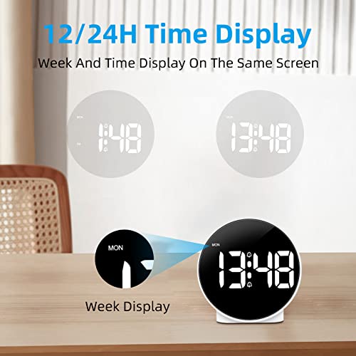 Deeyaple Small Digital Alarm Clock LED Desk Travel Electronic Clock Dual Alarm Snooze Dimmable Day Set 12/24H Week Display 4inch White (No Battery＆Adapter) Stay on for 8 s When Powered by Battery