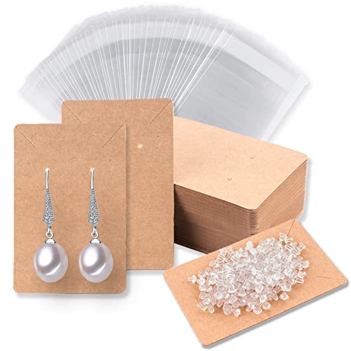 Earring Cards for Selling Including 120 Pcs Earring Holder Cards, 120 Earring Packaging and 240 Pcs Earring Backs, for Necklace/Jewelry Display, Jewelry Packaging 3.5x2.4 Inches (Brown)