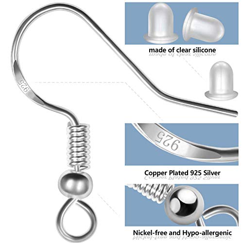 925 Sterling Silver Earring Hooks 150 PCS/75 Pairs,Ear Wires Fish Hooks,500pcs Hypoallergenic Earring Making kit with Jump Rings and Clear Silicone Backs Stoppers (Silver)
