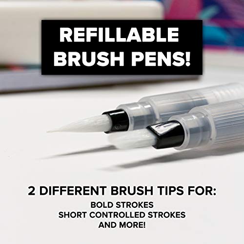 GenCrafts Watercolor Palette with Bonus Paper Pad 24 Premium Colors - 2 Refilable Water Brush Pens - 15 Sheets of Water Color Paper - Portable Painting