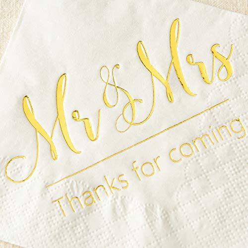Crisky Napkins Mr and Mrs Gold Cocktail Beverage Dessert for Wedding Shower Engagement Party Decorations, Cake Table Decor Supplies. 100 Pcs, 3-Ply