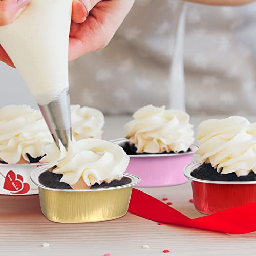 Heart Shaped Cake Pans with Lids, 3.4 Ounces/ 100 ml, Aluminum Foil Mini Disposable Heart Cupcake Pans for Valentine's Day Wedding Parties (Gold, Red, Pink, White,60 Sets)