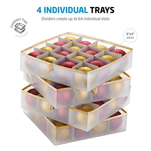 Plastic Christmas Ornament Storage Box with 2 Sided Dual Zipper Closure - Keeps 64 Holiday Ornaments, Xmas Decorations Accessories, 3" Cube Compartments - Sturdy Flexible Plastic (Gold)