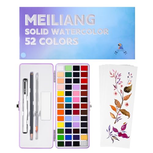 MeiLiang 52 Watercolor Paint Set, Travel Watercolors Set with Drawing Pencil, Paint Brushes, 5 Watercolor Paper, Sponge & Black Drawing Pens, Water Colors Paint for Adults, Art Supplies, Purple Case
