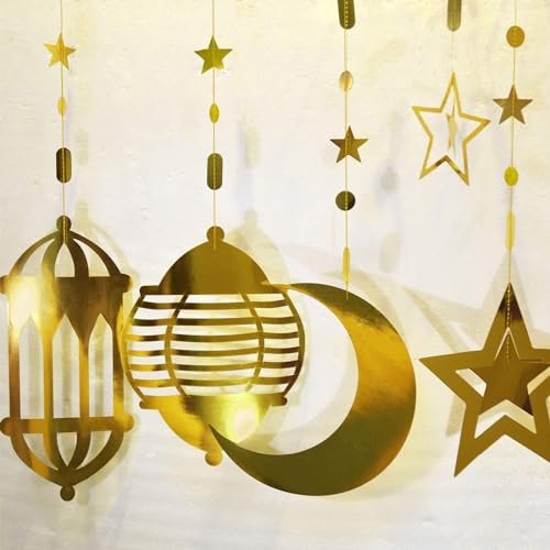 Cheerland 16pcs Islamic Gold Star Crescent Moon Lantern Ramadan Garland EID Decoration Home Happy Ramadan Mubarak Party Decor Hanging Streamer Wedding Backdrop Banner Aladdin Birthday Party Supplies