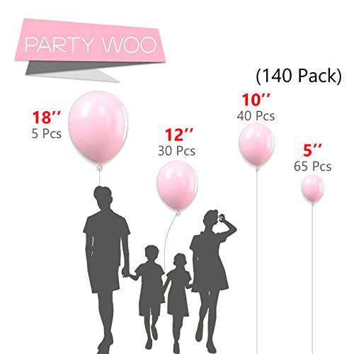 PartyWoo Pastel Pink Balloons, 140 pcs Pink Balloons Different Sizes Pack of 18 Inch 12 Inch 10 Inch 5 Inch Baby Pink Balloons for Balloon Garland Balloon Arch as Birthday Party Decorations, Pink-Q05
