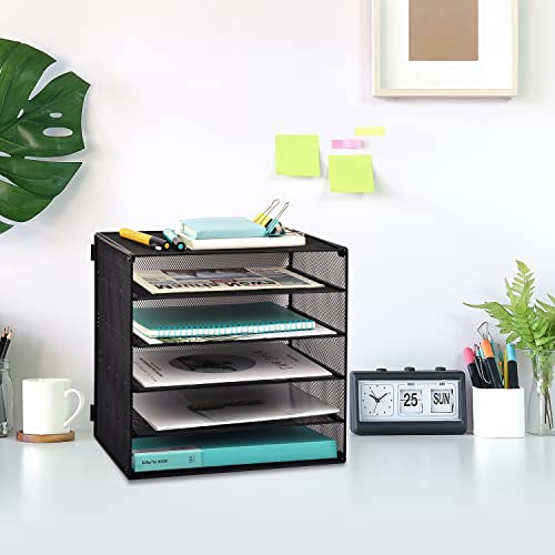 EASEPRES 5 Slot Desk Organizer Tray, Mesh File Paper Letter Tray Desktop Paper Sorter Literature Organizer Rack for Home, Office, or School, Black