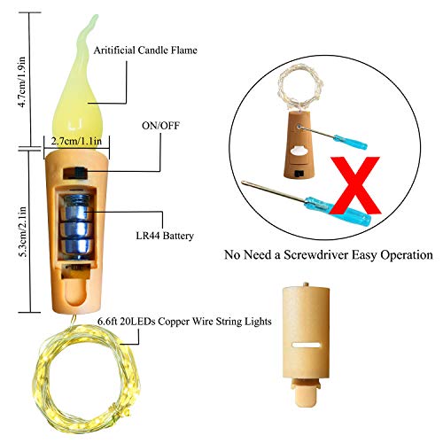 Decorman Wine Bottle Lights with Candle Flame, 10 Pack 20 LED Flameless Cork String Light Battery Operated Copper Wire Mini Fairy Starry Lights for Party Wedding Christmas Halloween