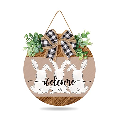 Whaline Easter Wooden Hanging Sign Bunny Rabbit Welcome Sign Door Decoration with Bow Rustic Easter Wood Wreath Sign for Easter Spring Holiday Home Coffee Shop Bakery Farmhouse Window
