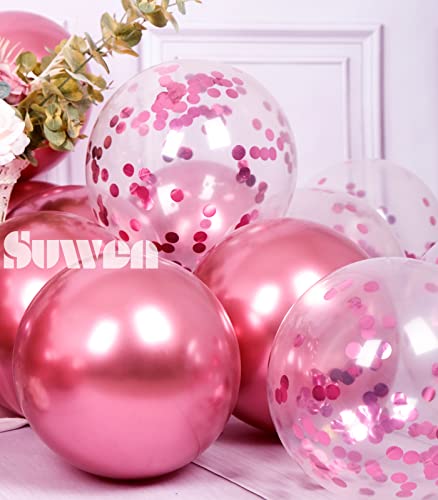 SUWEN Metallic Hot Pink Balloons and Confetti Balloons Set 47PCS Latex Helium Chrome Magenta Balloon for Birthday Graduation Anniversary Party Decorations