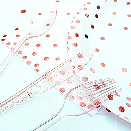 hapray Rose Gold Party Supplies, (Serves 24) Disposable Paper Plates, Napkins, Cups, Knives, Spoons, Forks, Tablecloth, Baptism Decorations, Baby Shower Birthday Bridal Mothers Day