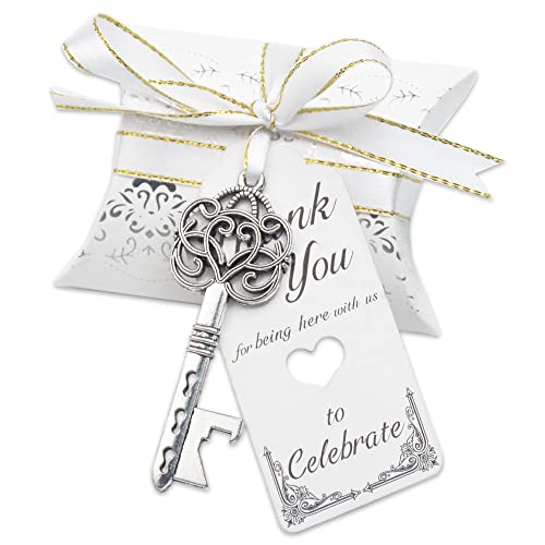 Aokbean 50pcs Vintage Skeleton Key Bottle Openers Wedding Favors Souvenir Gift Set for Guests Pillow Candy Box Escort Thank You Card French Ribbon