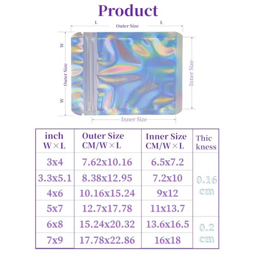 YHJZ 100 Pcs Holographic Bags, 6 x 8" Resealable Smell Proof Bags Resealable Bags for Packaging Ziplock Pouches Bags for Lip Gloss Packaging Mylar Bags for Party Favor Food Storage (6x8 Inch)