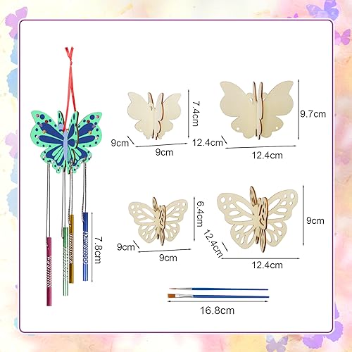 Fennoral 8 Pack 3D Butterfly Wind Chime Kit for Kids Make Your Own Butterfly Wind Chime Wooden Arts and Crafts for Kids Ornaments DIY to Paint Butterfly Craft for Spring Art Activity Birthday Party