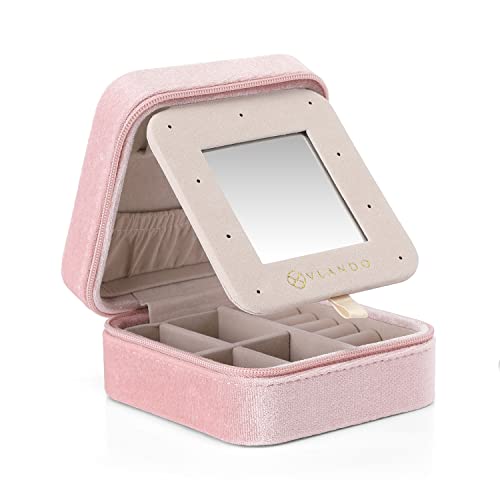Vlando Small Travel Jewelry Box Organizer Display Case for Rings Earrings Necklaces Storage, Selected Soft Velvet, Letter J Engraved, Pink