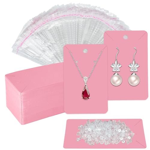 Twavang Pink Earring Cards for Selling Set with 100Pcs Earring Display Cards, 200 Pcs Earring Backs and 100Pcs Jewelry Packaging Bag for Earrings Necklace Jewelry Display (3.5" x 2.3" Inches)