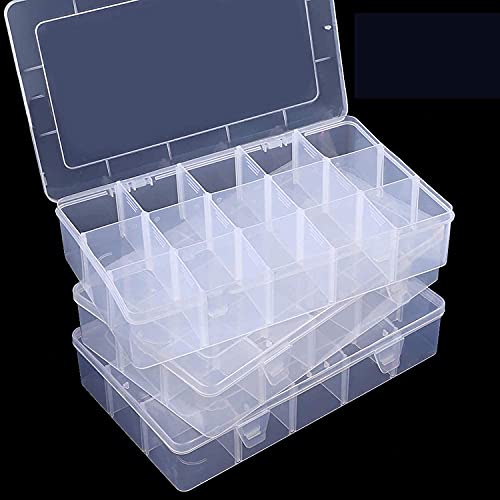 SGHUO 3 Pack15 Grids Large Plastic Storage Box Organizer Box,15 Compartments with Dividers for Tackle Box,Beads,Washi Tape,Ribbon, Crafts, Art Supply 10.9X6.5X2.2inch