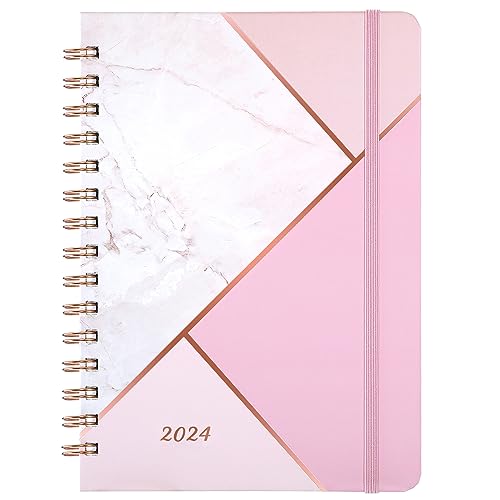 2024 Planner - January 2024 - December 2024, Planner 2024, 6.3" x 8.4", 2024 Weekly and Monthly Planner with Marked Tabs, Hardcover with Thick Paper + Contacts + Calendar + Holidays, Twin-Wire Binding - Pink Marble