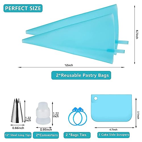 Piping Bags and Tips Set, Reusable Cake Decorating Supplies with 2 Reusable Bags, 12 Icing Tips, 2 Silicone Rings, 2 Couplers and 3 Scrapers, Cake Baking Tools for Cookie Icing Cakes Cupcakes
