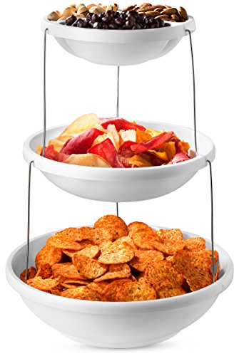Masirs Collapsible Bowl, 3 Tier, The Decorative Plastic Bowls Twist Down & Fold Inside, Minimal Storage Space, Perfect for Serving Snacks, Salad and Fruit, The Top Bowl is Divided into Three Sections