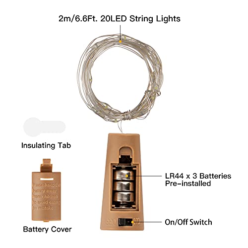 Wine Bottle Lights with Cork, 10 Pack 20 LED Waterproof Battery Operated Cork Lights, Silver Wire Mini Fairy Lights for Liquor Bottles DIY Party Bar Christmas Holiday Wedding Déco