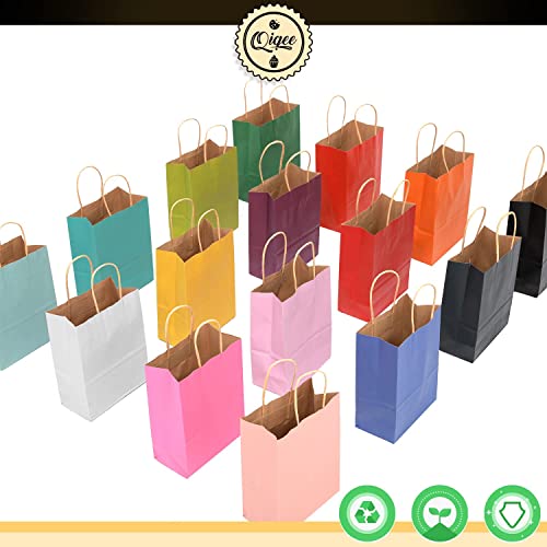 qiqee 32-Packs Paper Bags with Handles Bulk 8.26"×6"×3.15" Small Gift Bags 16 Different Senior Color Bags Multiple Uses（Small Size）
