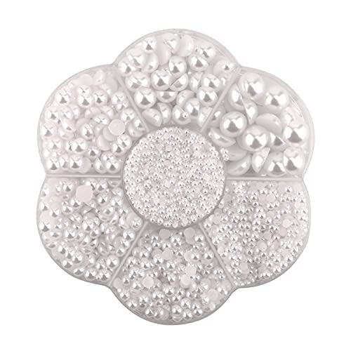 SAVITA 5600Pcs 2/3/4/5/6/8/10mm White Flat Back Pearl Half Round Pearls Beads Satin Luster Loose Beads Gems for DIY Craft Necklaces Bracelets Jewelry Decorations Wedding Dress Nail Art Making