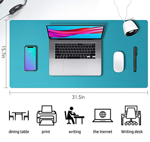 Leather Desk Pad Protector,Mouse Pad,Office Mat, Non-Slip PU Blotter,Laptop Pad,Waterproof Writing for Office and Home (Turquoise,31.5" x 15.7")