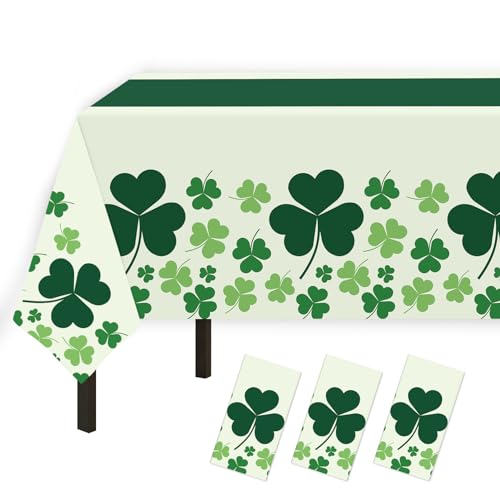 St Patricks Tablecloth for Rectangle Tables, 3 Pack Disposable Plastic 54" x 108" St Patricks Day Decorations, Shamrock Patterned Spring St Patricks Party Table Cloth for Dining Room Kitchen Decor
