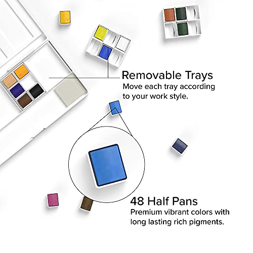 GenCrafts Watercolor Palette with Bonus Paper Pad 24 Premium Colors - 2 Refilable Water Brush Pens - 15 Sheets of Water Color Paper - Portable Painting