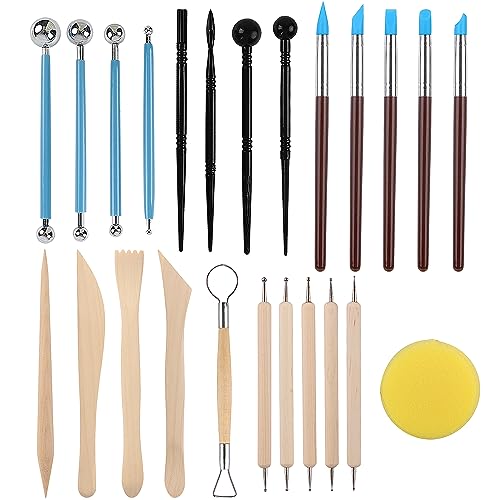 RUBFAC, 24pcs Polymer Clay Tools, Modeling, Sculpting Dotting Tools Set Pottery Tools with Air Dry Ball Stylus, Rock Painting Kit for Sculpture Pottery