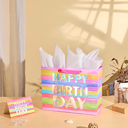 SUNCOLOR 13" Large Gift Bag with Card and Tissue Paper (Colorful Happy Birthday)