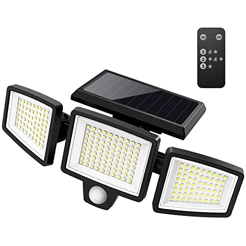 Tuffenough Solar Outdoor Lights 2500LM 210 LED Security Lights with Remote Control,3 Heads Motion Sensor Lights, IP65 Waterproof,270° Wide Angle Flood Wall Lights with 3 Modes(1 Packs)
