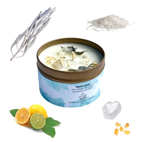 White Sage Smudge Candle with Citrine and Quartz Gemstone Crystals 100% Natural Soy Wax Scented with Essential and Fragrance Oils (White Sage)