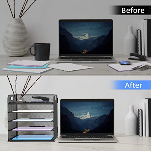 Supeasy 5 Trays Paper Organizer with Handle - Mesh Desk File/Letter Organizer,Black Paper Sorter for Office, Home or School