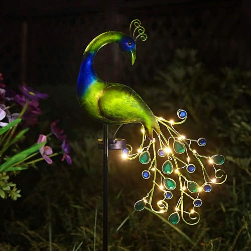 Solar Garden Lights Metal Peacock Garden Decor Waterproof Peacock Solar Stake Lights Decorative for Outdoor Patio Lawn Porch Yard Decorations Peacock Gift for Mom Grandma Women Birthday Gardening