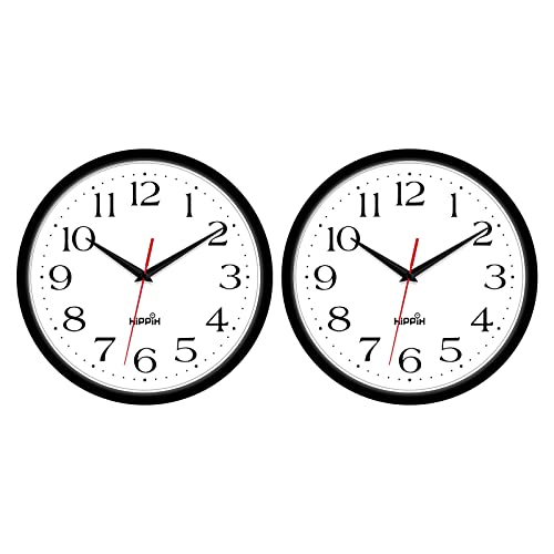 HIPPIH 2 Pack Silent Wall Clock, 10 Inch Non Ticking Quiet Digital Sweep Decorative Battery Operated Wall Clocks for Living Room Bedroom Kitchen School Office Decor, Black