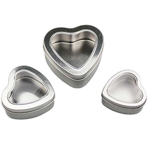 12 Pieces Heart Shaped Empty Metal Tin Cans with Clear Window Lids for Candle Making, Candies, Gifts & Treasures, Mixed Sizes