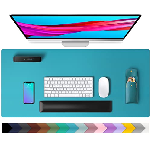 Leather Desk Pad Protector,Mouse Pad,Office Mat, Non-Slip PU Blotter,Laptop Pad,Waterproof Writing for Office and Home (Turquoise,31.5" x 15.7")