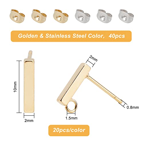 UNICRAFTALE Hypoallergenic Stud Earring with Loop 40 Pieces Rectangle Earring with Ear Nut 0.8mm Pin Stainless Steel Earring Posts for DIY Earrings Jewelry Making