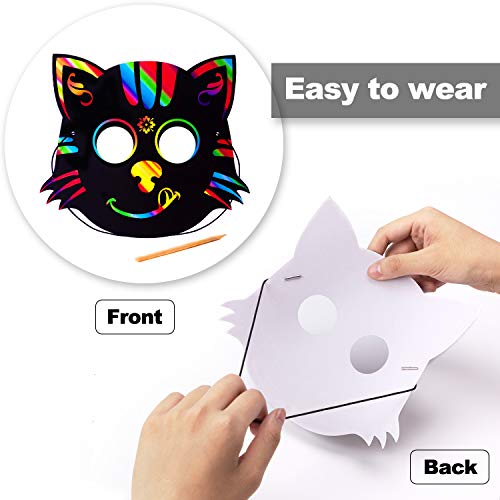 KXCOFTXI Halloween Mask Craft Kit for Kids, 52 Pcs Kids Magic Scratch Paper Animal Masks, DIY Rainbow Scratch Art Masks for Halloween and Animal Birthday Party
