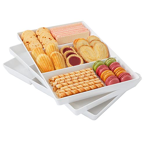 US Acrylic Avant White Plastic Divided Serving Trays (Set of 3) 15” x 10” | Large Reusable 3-Section Party Platters | Serve Appetizers, Fruit, Veggies, & Desserts | BPA-Free & Made in USA