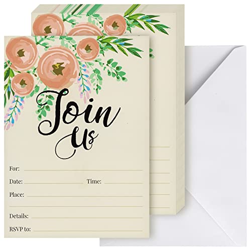 Invitation Cards - 50 Fill-In Floral Classy Cards with Envelopes. Great for Birthday Invitations, Bridal Shower Invitations, Baby Shower Invitations, and Wedding Invitations, 5 x 7 In, Postcard Style