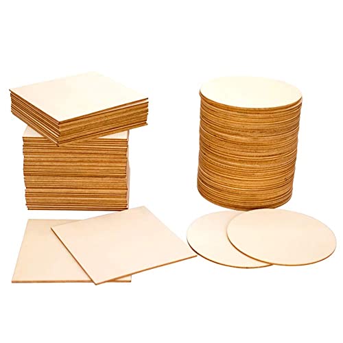Wood Slices 100 Pcs of Unfinished Wood Chips 4x4 inch Blank Wood Chips for Handicrafts Home Decoration Wooden Coasters and DIY Crafts 50 Pcs Wood Squares and 50 Pcs Wood Circles