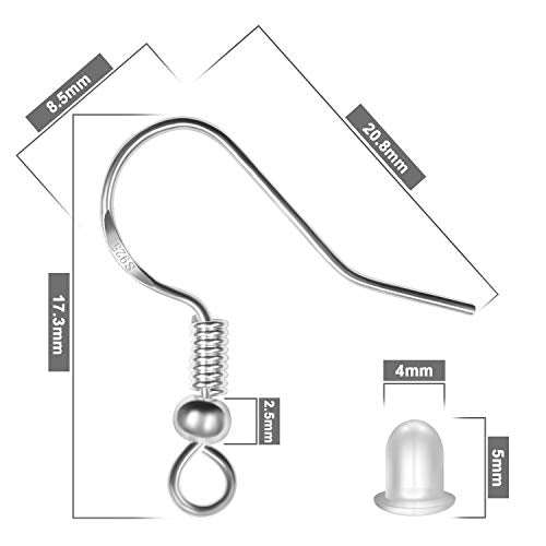925 Sterling Silver Earring Hooks 120 PCS/60 Pairs, Ear Wires Fish Hooks, Hypo-allergenic Jewelry Findings Parts with 120 PCS Clear Silicone Earring Backs