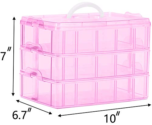 Sooyee Bead Organizer,3-Tier Craft Organizers and Storage,Stackable Storage Containers with 30 Compartments Dividers for Washi Tape,Toy, Nail,Art Supplies, Fishing Tackle, Pink